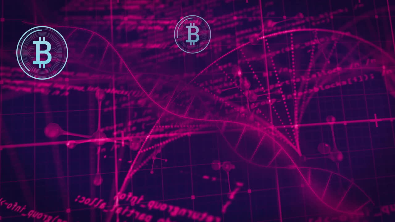 animación de signos de bitcoin y procesamiento de datos digitales sobre el giro de la cadena de adn