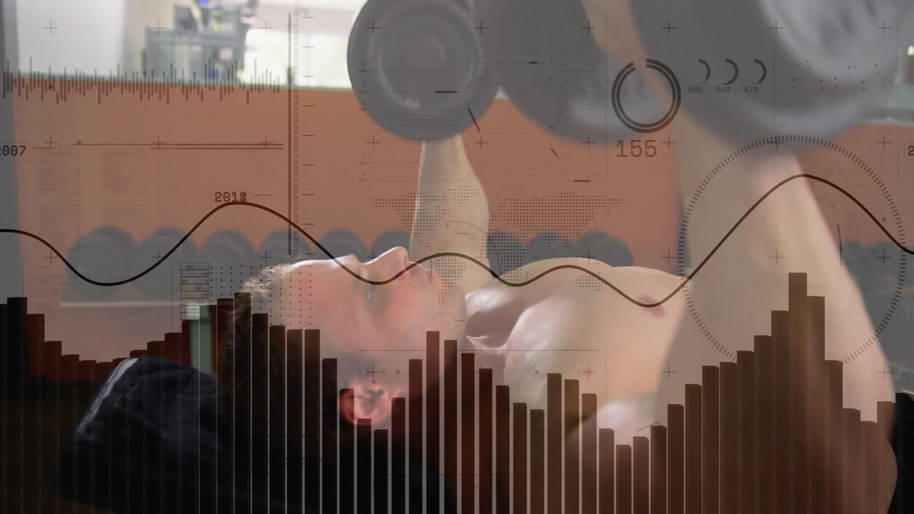 Man picking dumbbell and performing bench press with waveforms and bar charts tracking fitness