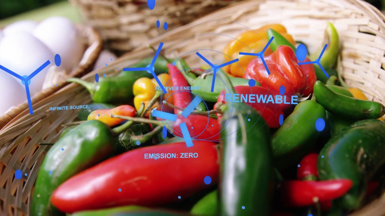 Cesto di peperoncini intrecciato con una sovrapposizione blu che si sposta sui prodotti, mostrando cibo a EMISSIONI ZERO RINNOVABILI.