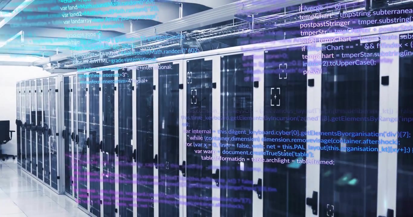 Codice che svanisce mentre la telecamera si muove su server bianchi e lo scorrimento simula il flusso di dati in tempo reale