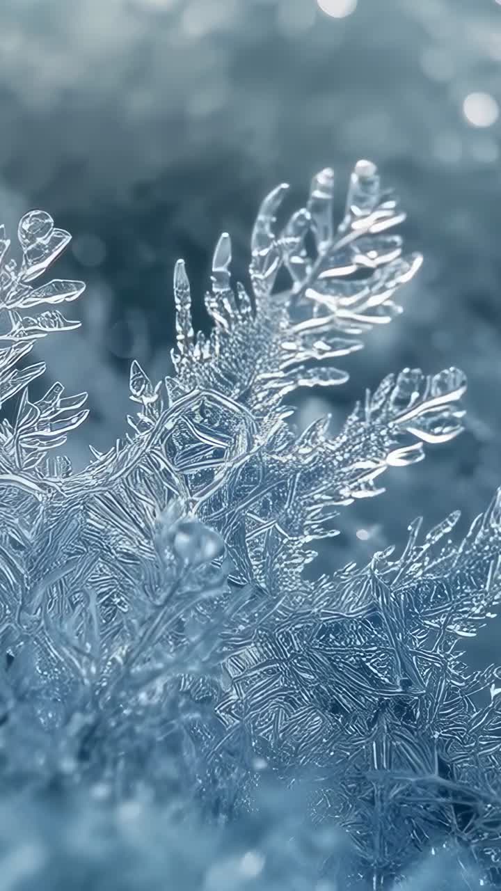Video verticale: cambio di messa a fuoco che rivela un cristallo di ghiaccio simile a una felce, esponendo la gocciolina e il bokeh sul gelo