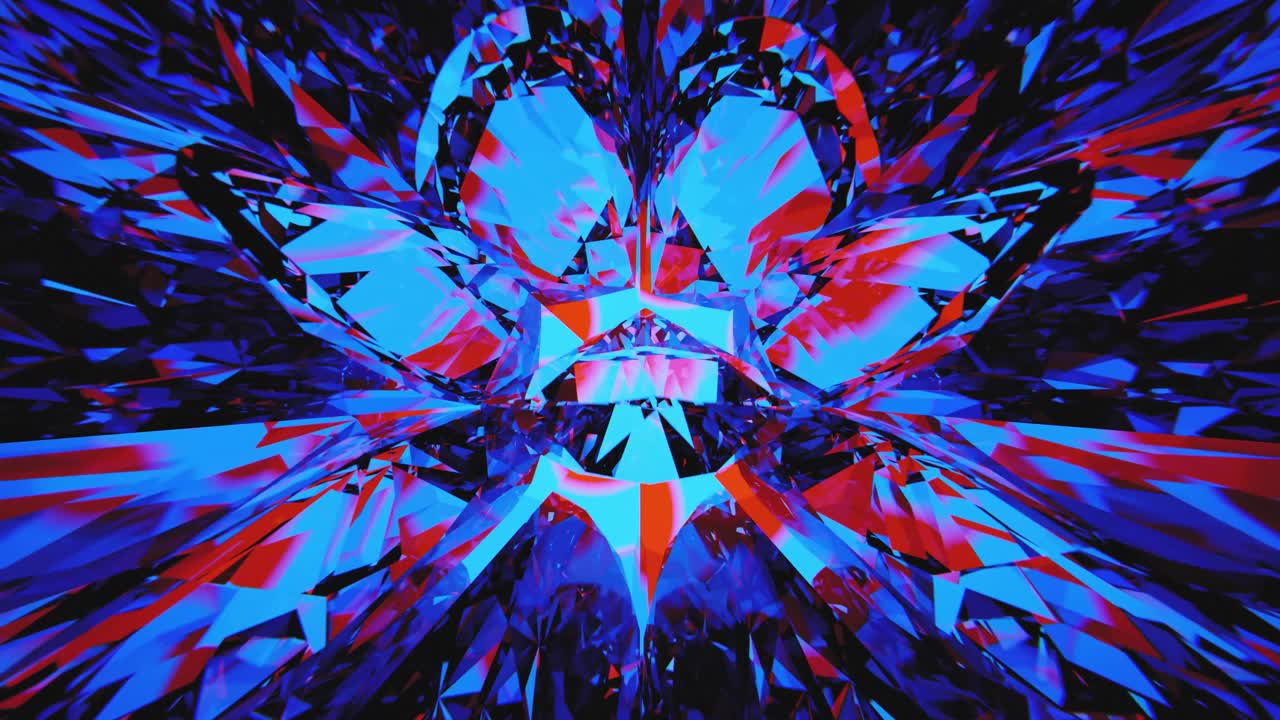 Caleidoscopio frattale astratto dinamico con forme geometriche blu e rosse