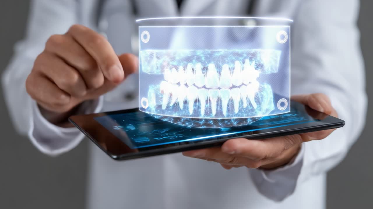 Innovative Dental Technology: A Healthcare Professional Demonstrating a 3D Holographic Jaw Model on a Tablet, Showcasing Advanced Digital Imaging Techniques in Dentistry