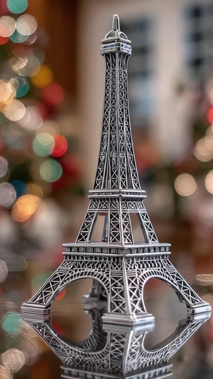 Squisita Torre Eiffel in Miniatura: Accattivante modello in metallo che mostra un design intricato e riflessi scintillanti su uno sfondo festivo.