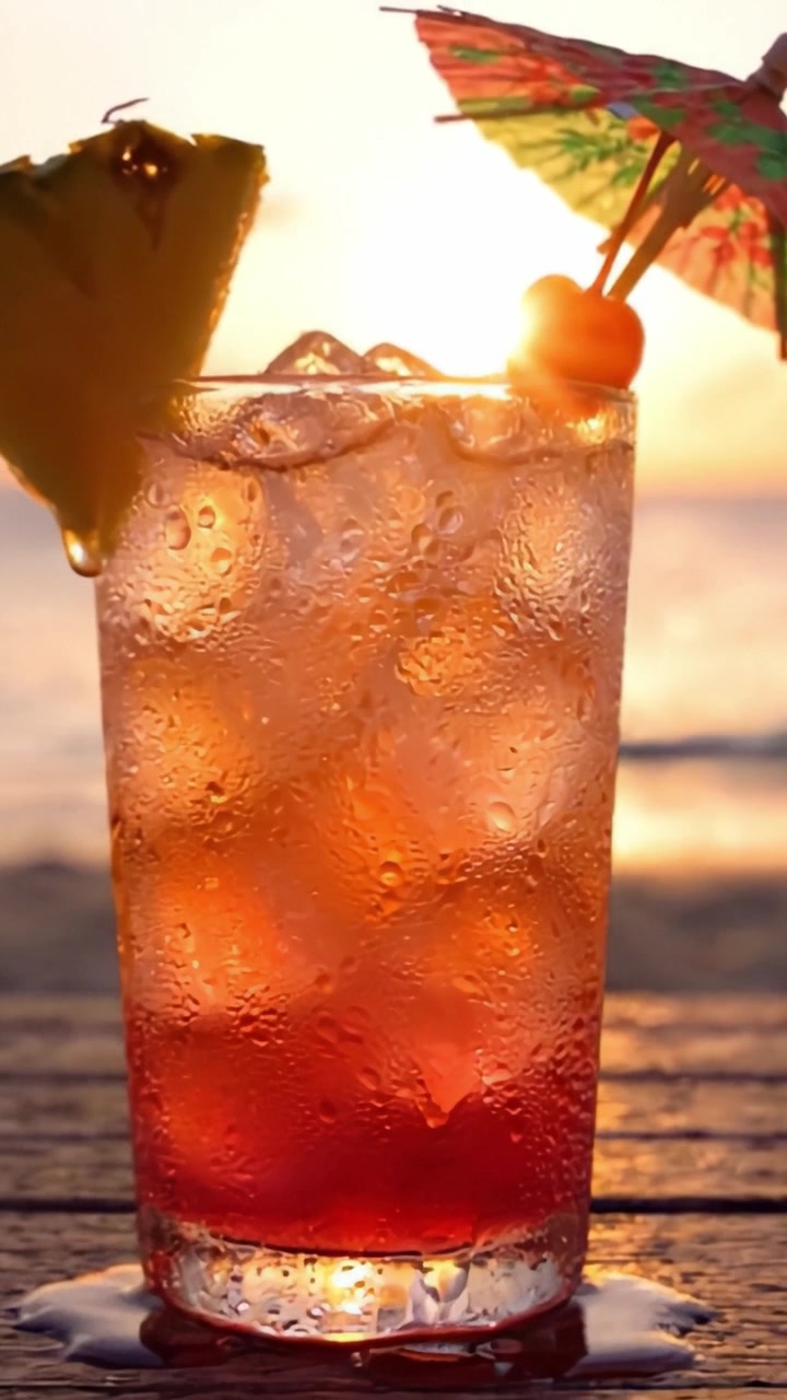 Forfriskende tropisk drink med et kirsebær og en paraply placeret mod en smuk solnedgangsbaggrund, der fremkalder sommervibes og afslapning ved stranden.