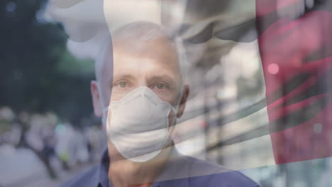 animation of flag of france waving over man in face masks