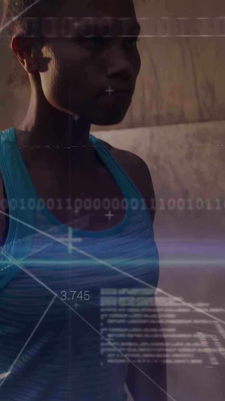 Woman training, shifting, lunging then standing while holding hex dumbbell overlay tracking form