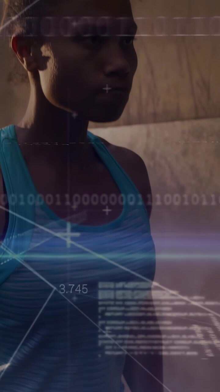 Woman training, shifting, lunging then standing while holding hex dumbbell overlay tracking form