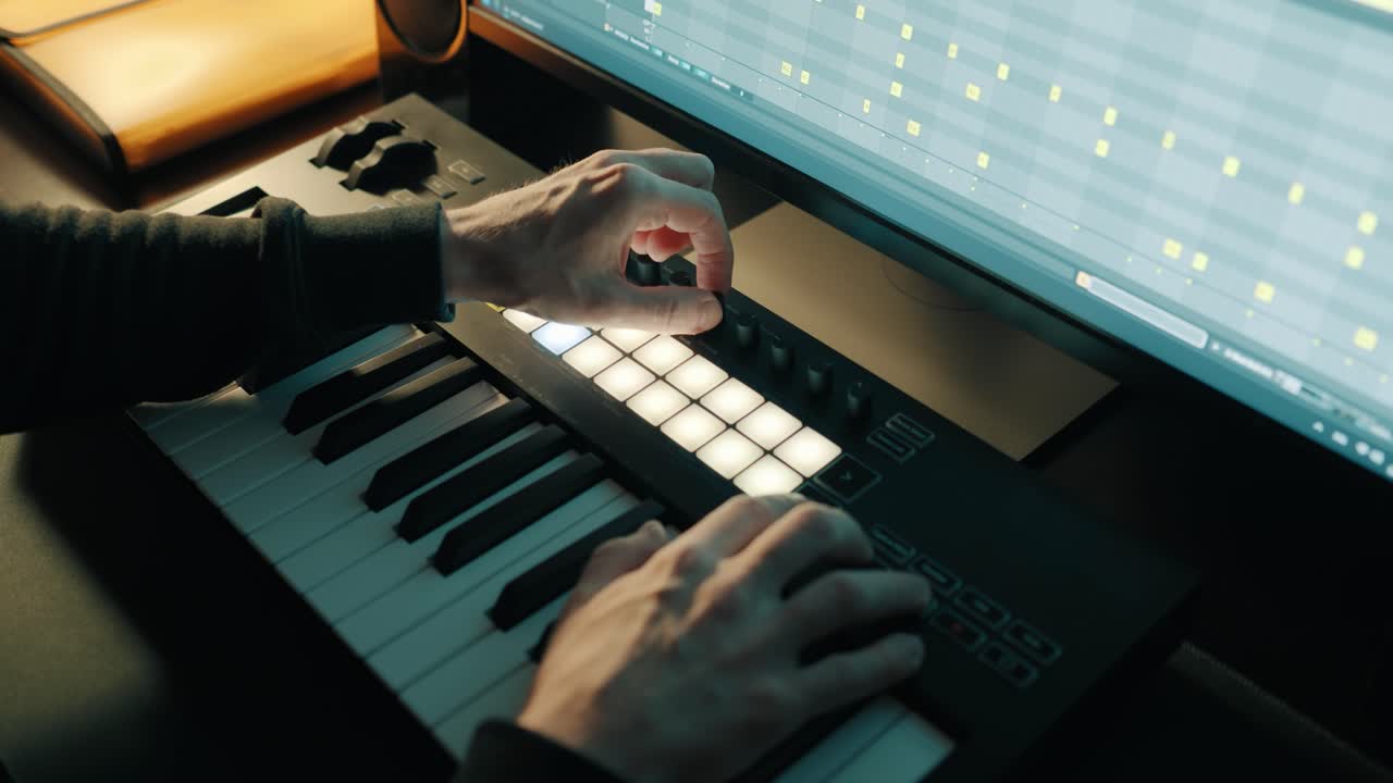 Music production. Man adjusting the knobs on a MIDI keyboard. Home studio