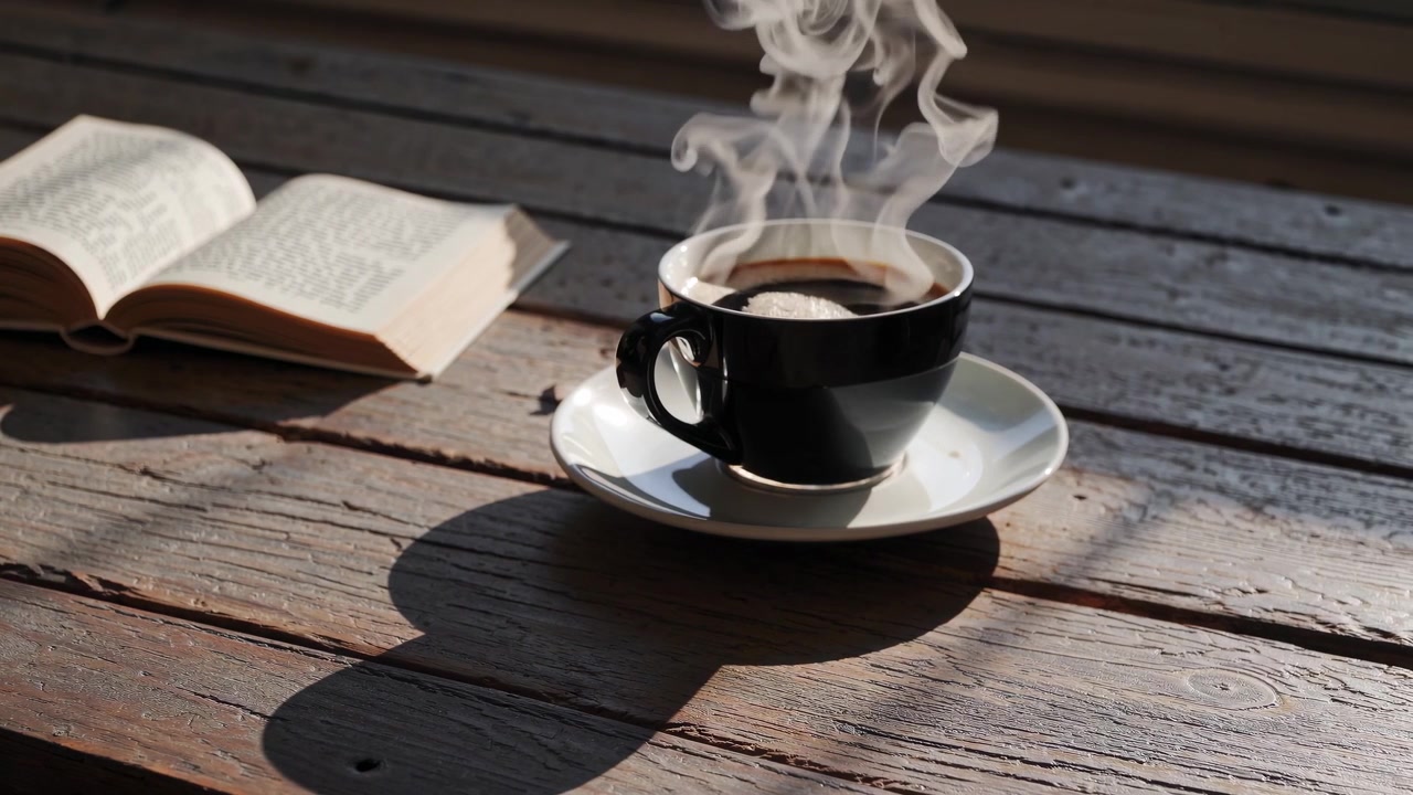 Xícara de Café Fumegante e Livro Aberto em Mesa de Madeira