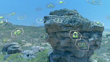 animación de iconos de ecología sobre el paisaje de montaña