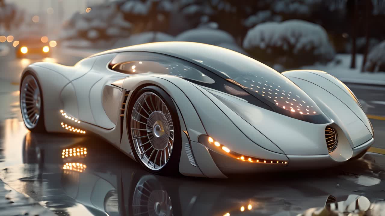 Futuristic White Concept Car on Wet Road