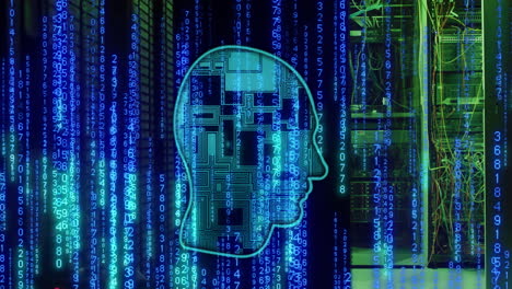 animation of head, binary coding and data processing over computer servers