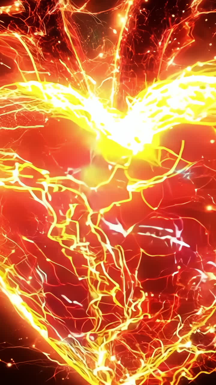 A heart is lit up in a fiery red color. The heart is surrounded by a lot of sparks and fire