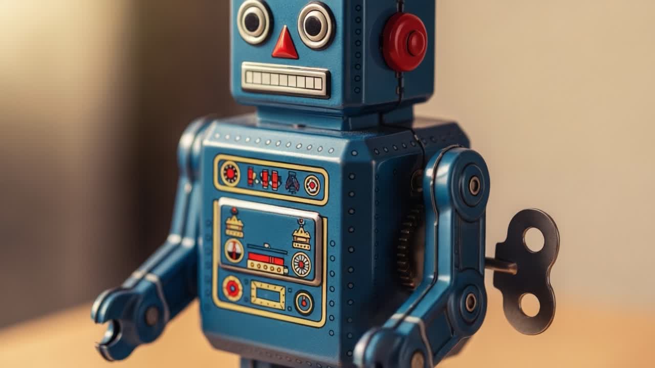 Vintage Mechanical Robot Toy with Key Winding Mechanism, Retro Design, Colorful Features, and Nostalgic Charm Captured from Two Angles in a Soft Light Setting
