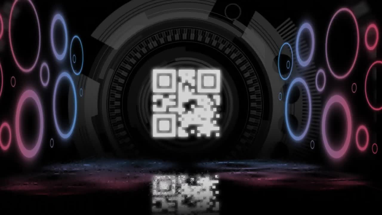 QR code scanner with neon elements against round scope scanner