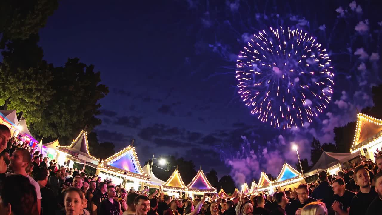 The video captures a vibrant festival with fireworks illuminating the night sky, showcasing joyful