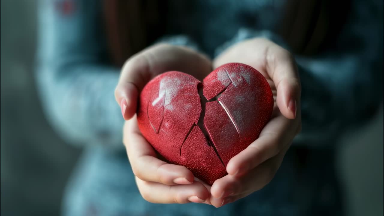Woman holding a small broken red heart in her hands, representing a painful romantic breakup, suffering from lost love and emotional distress