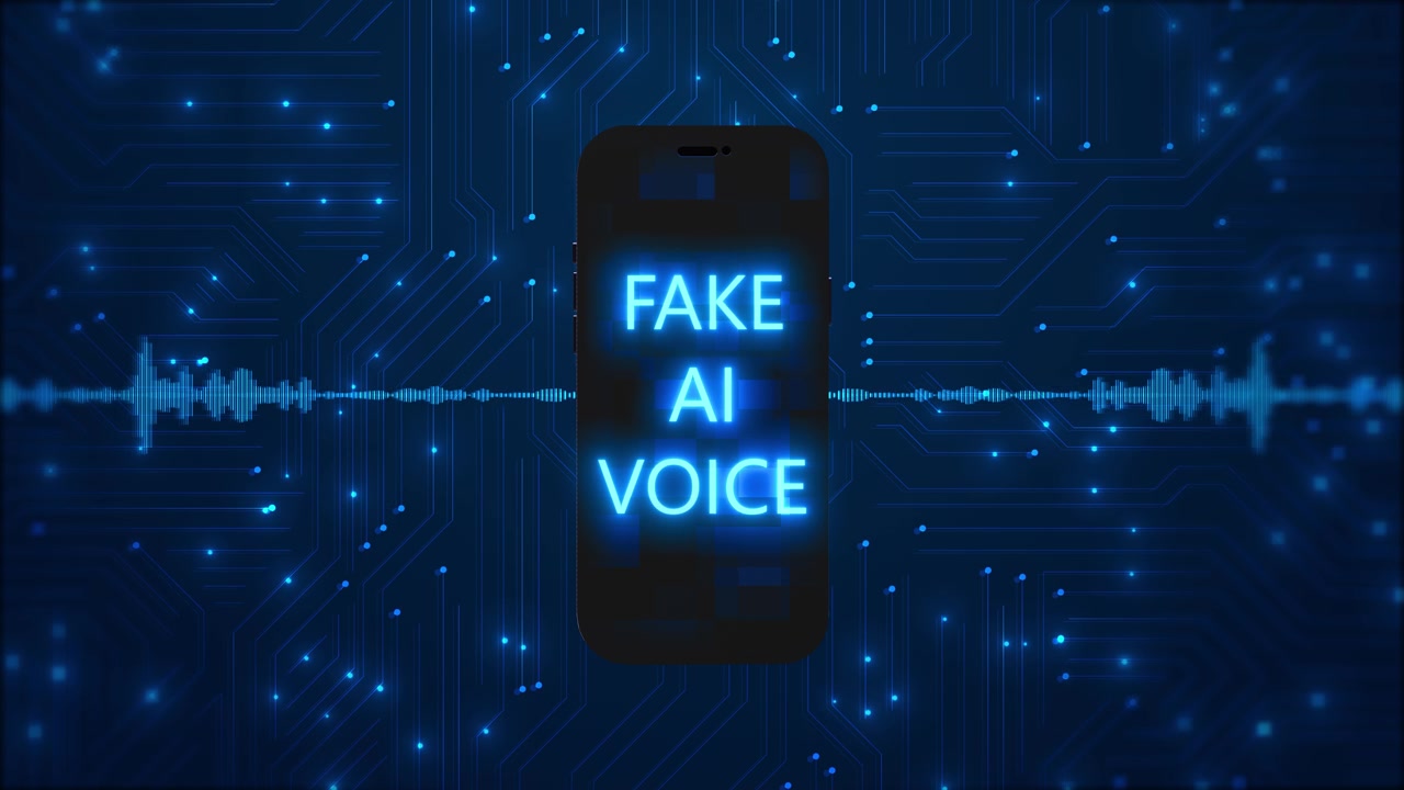Ai voice scam alert visual with neon phone display waveform signals and blue circuit technology