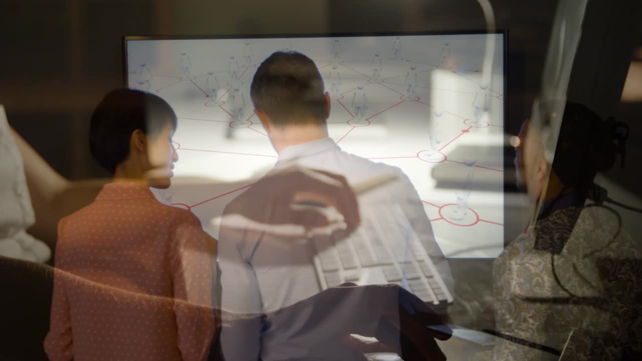 Animation of diverse business people talking over caucasian businesswoman using computer