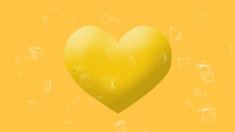 animation of white christmas icons falling over yellow heart emoji on yellow background