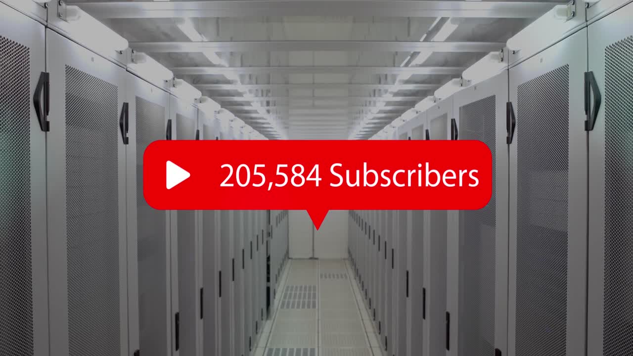 Speech bubble with subscribers text with increasing numbers against empty server room