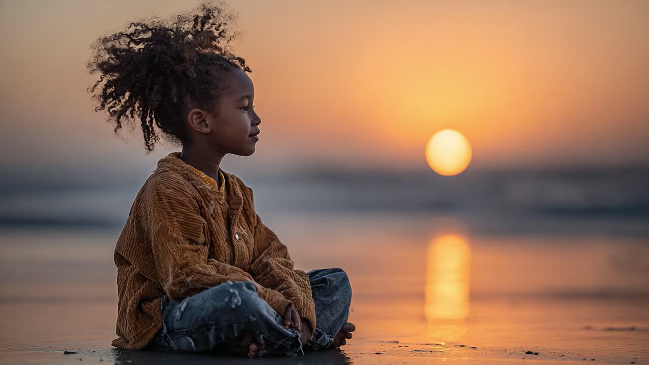 A Serene Sunset Reflection: A Young Child Meditates by the Ocean, Embraced by the Warm Glow of the Setting Sun