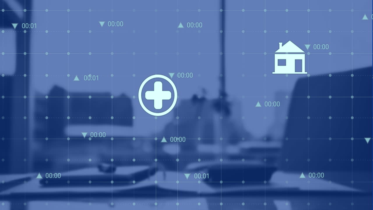 animación de múltiples iconos digitales a través de la red de cuadrícula contra el escritorio de la oficina