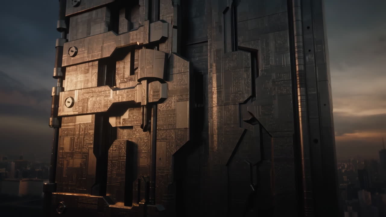 Futuristic Metallic Skyscraper Overlooking a Cityscape