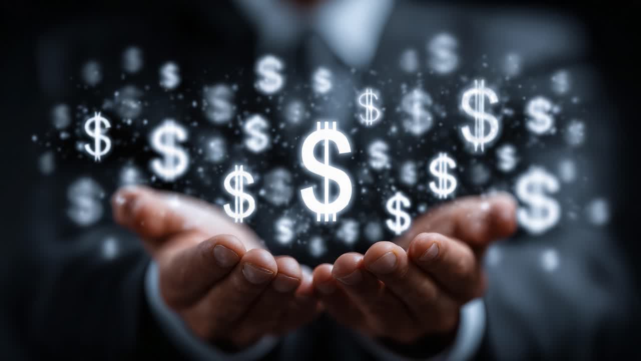 An Elegant Display of Wealth: A Hands-On Visualization of Money and Prosperity with Dollar Signs Floating Above Outstretched Hands, Symbolizing Financial Success and Opportunity