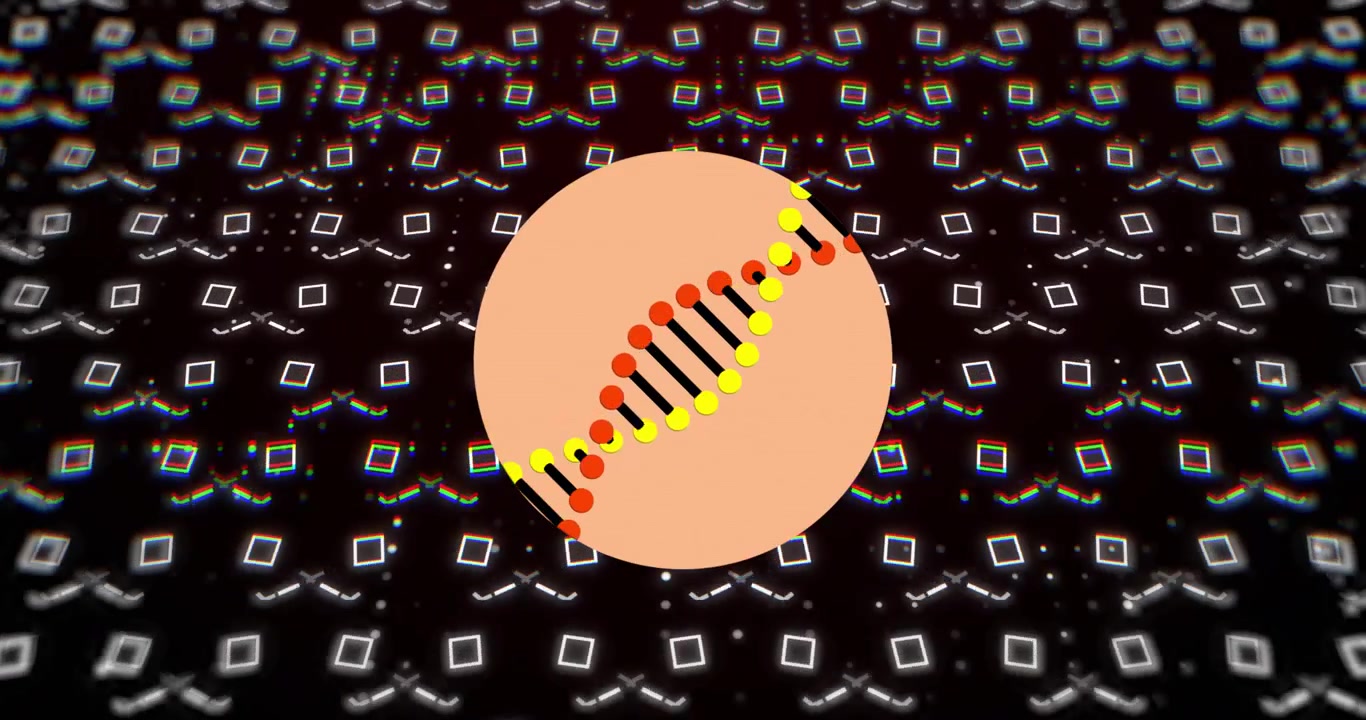 Orange-yellow nodes appearing below, rising and aligning into coiling helix, forming peach emblem