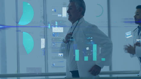 animation of financial graphs over caucasian male doctors running