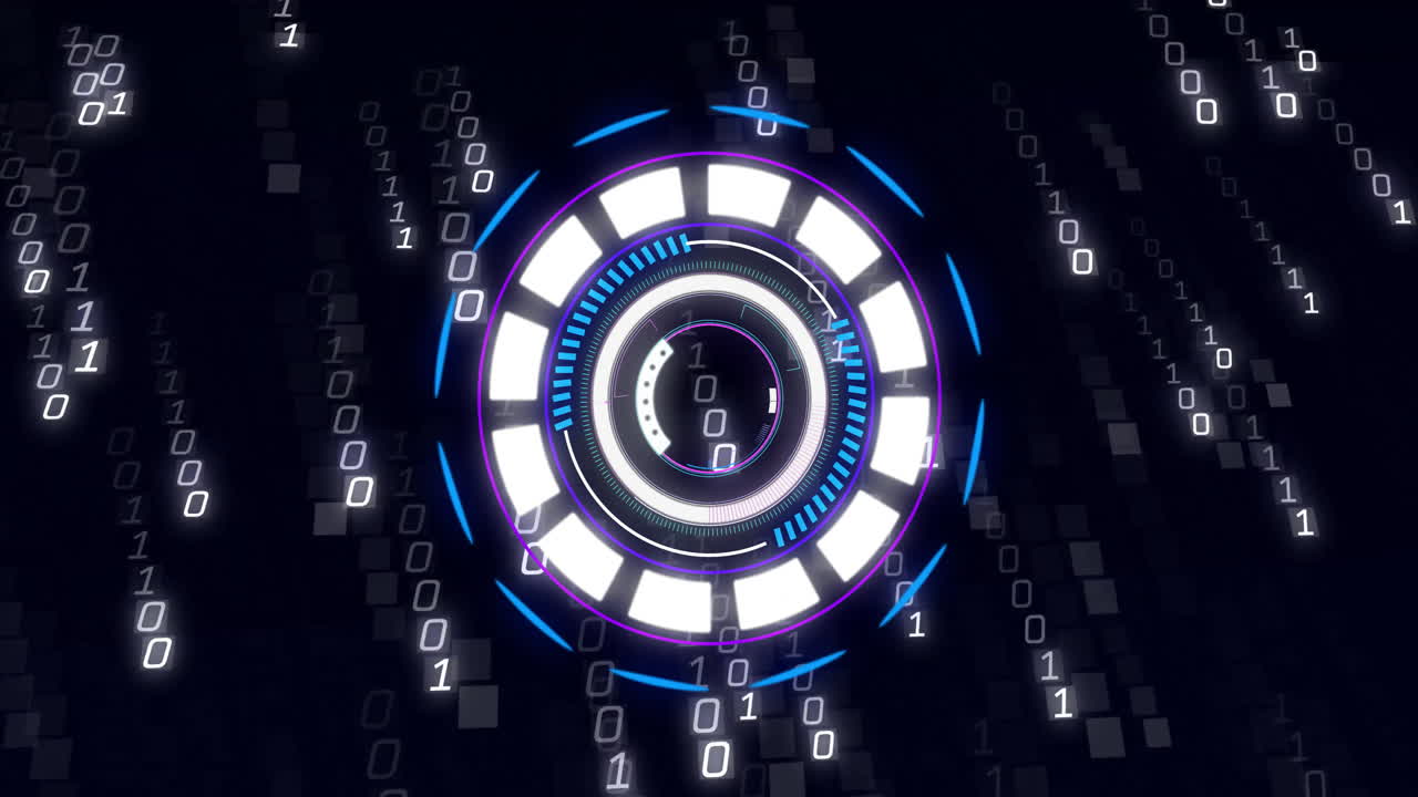 Animation of binary coding data processing over scope scanning on black background