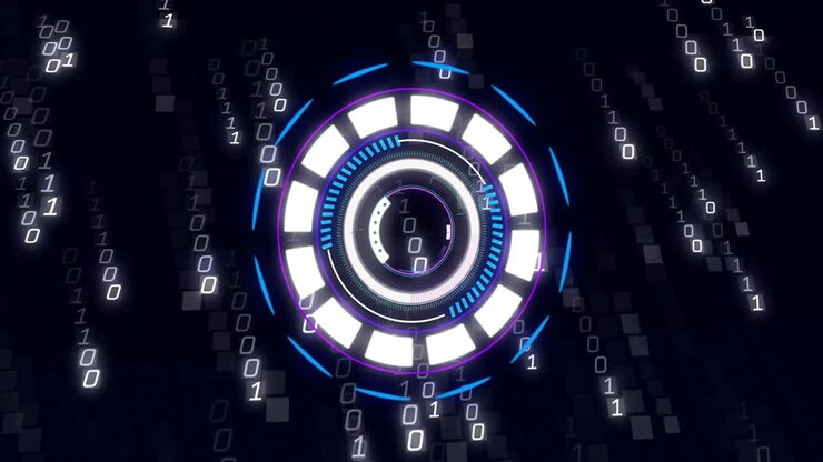Animation of binary coding data processing over scope scanning on black background