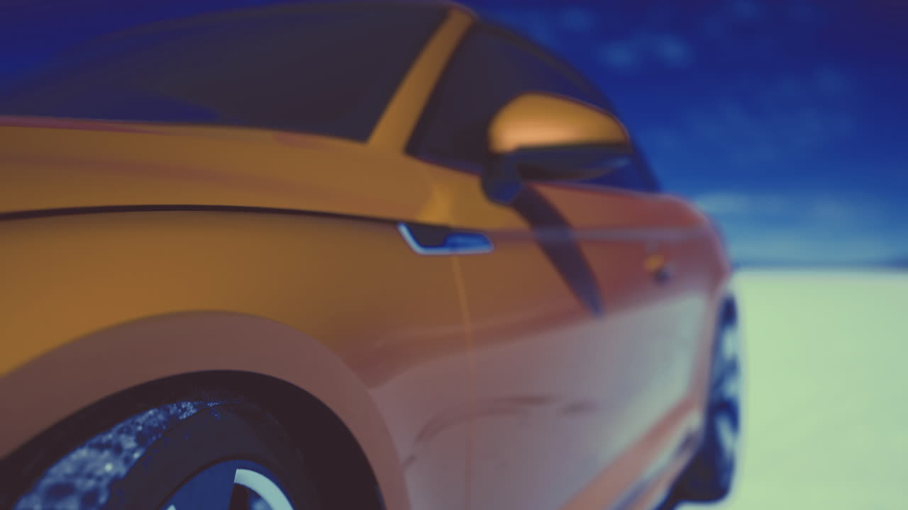 Bright orange car parked on snowy landscape during twilight hours