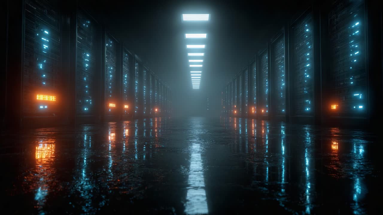 A High-Tech Data Center Corridor Illuminated by LED Lights with Reflective Floors Creating a Futuristic Ambiance, Showcasing Advanced Server Technology