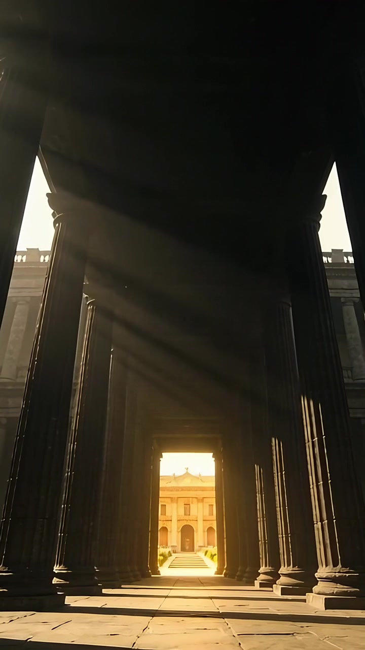 Video verticale: Telecamera che avanza, rivelando un portico colonnato con raggi di sole, scalini e una facciata classica.