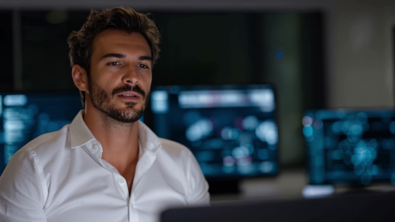 Focused professional analyzing data on multiple screens in a modern workspace, highlighting dedication and the importance of technology in decision-making processes