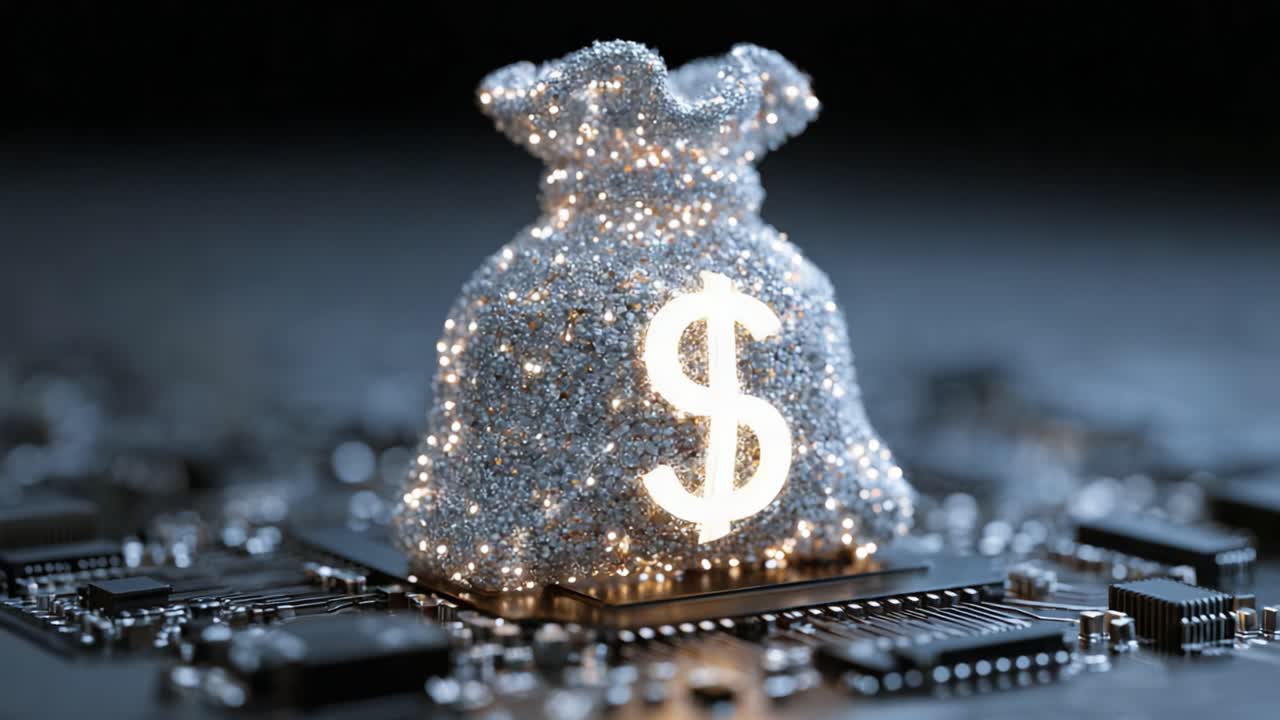 A Radiant Digital Money Bag Glows on a Circuit Board, Symbolizing Wealth and Technology in a Modern Financial Landscape
