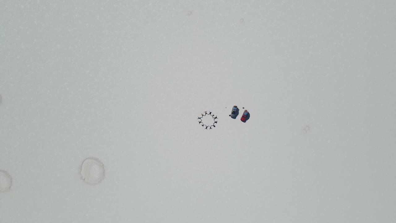 Top-down drone shows car group on white salt flat forming organized layout in open terrain