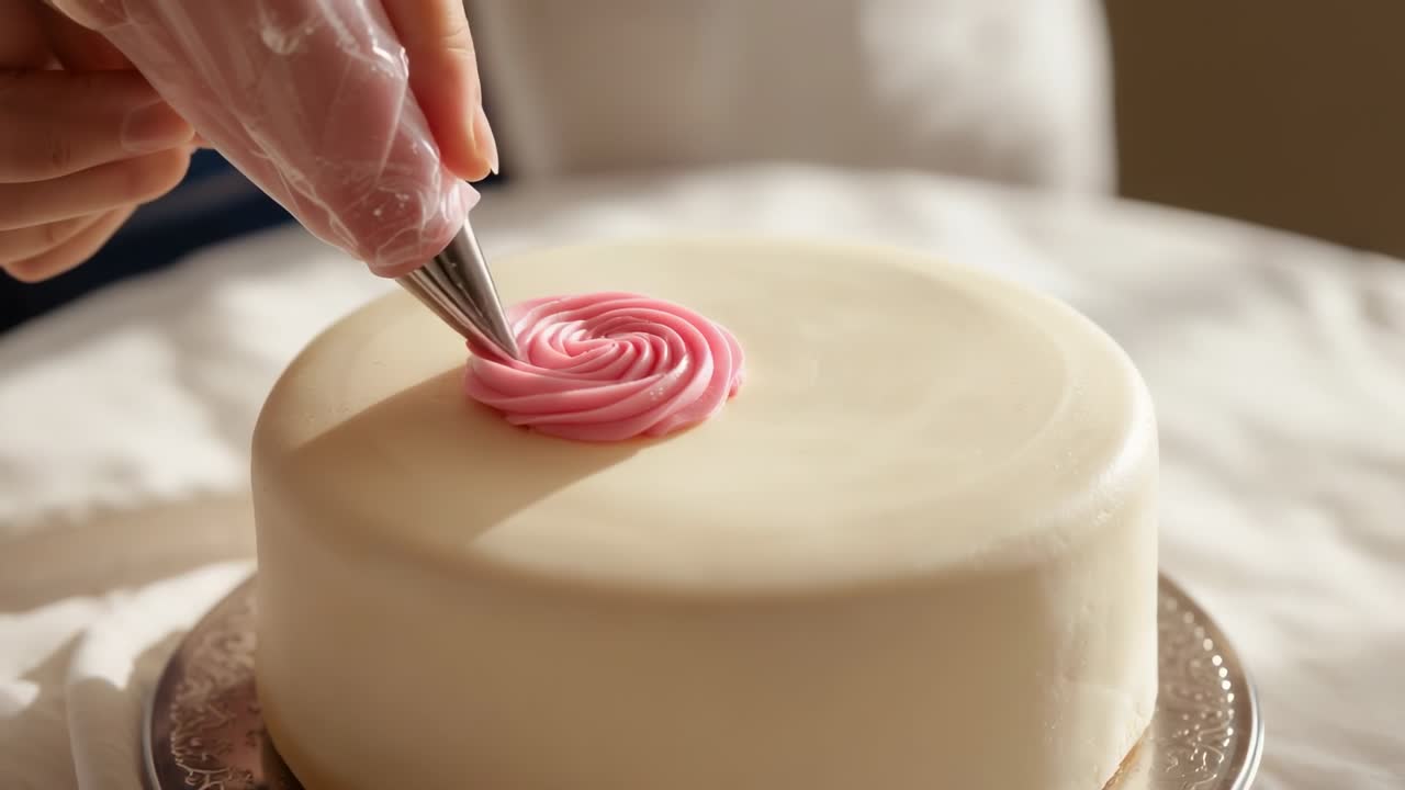 Positioning star tip, baker's gloved hand piping pink buttercream at home, decorating round cake