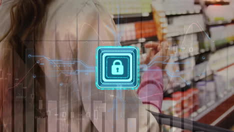 animation of digital padlock over data processing and woman with shopping trolley