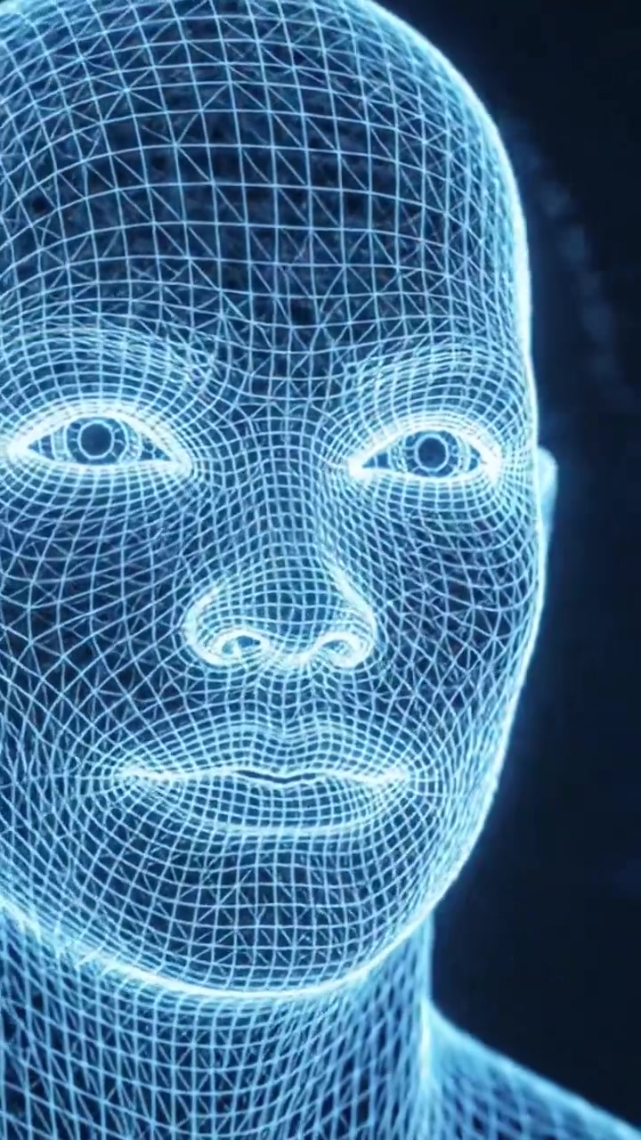 Una visualizzazione dettagliata di un modello 3D a wireframe di una testa umana che mostra linee intricate e motivi geometrici, enfatizzando la connessione tra tecnologia e umanità.