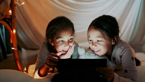 tablet, girl children or sisters reading