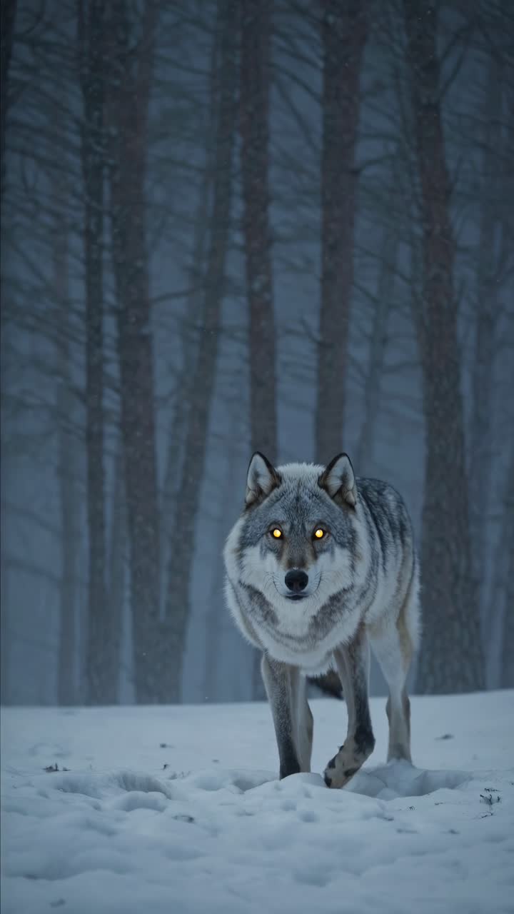A wolf with glowing eyes walks through a snowy forest, captured in a low-angle shot