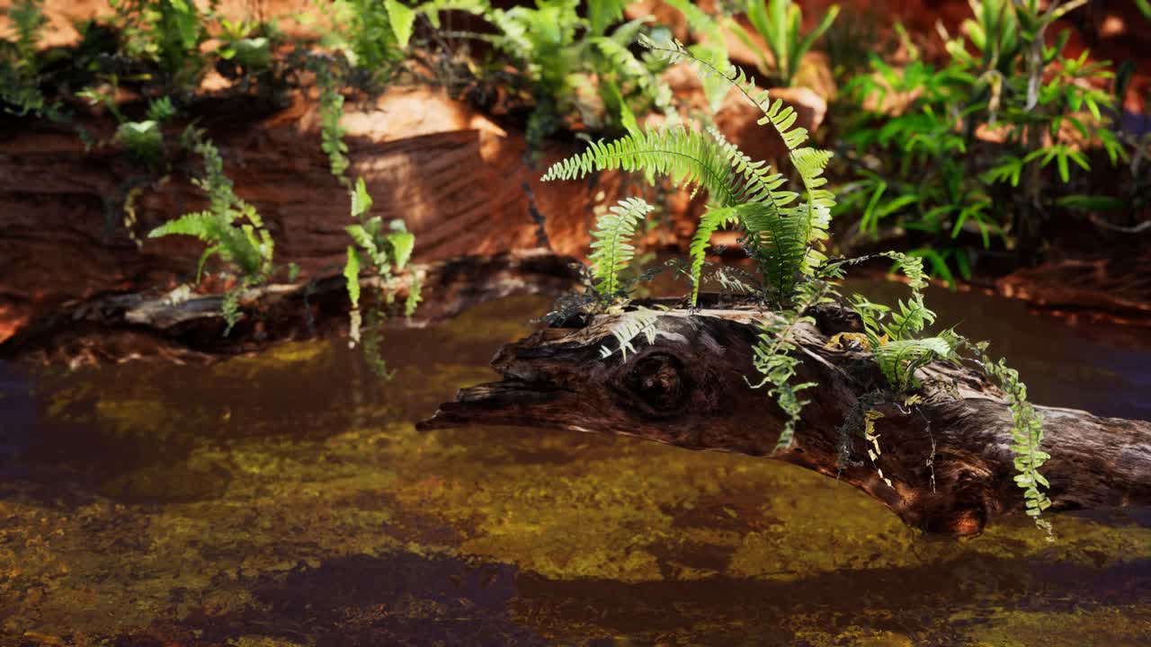 un étang doré tropical avec des roches et des plantes vertes