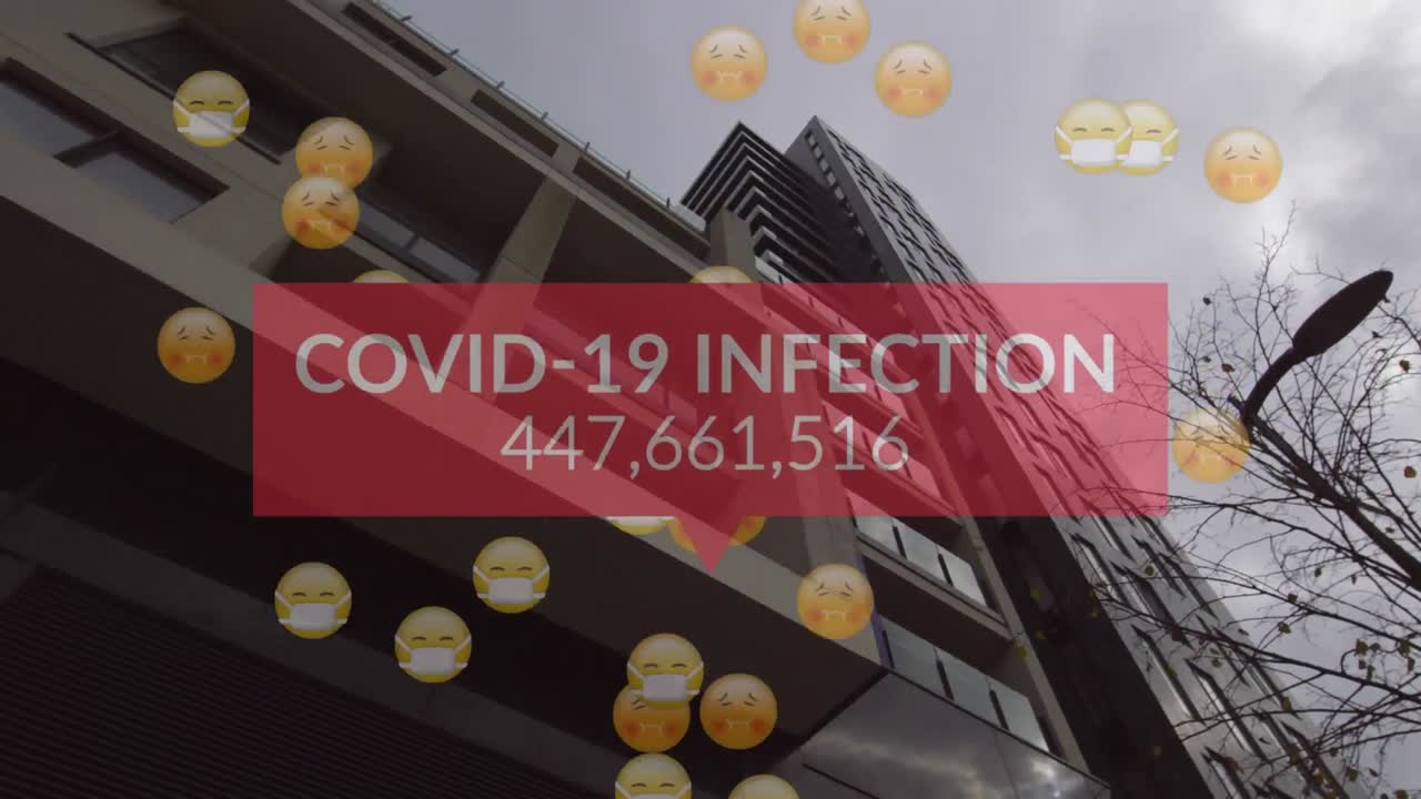 얼굴 마스크와 연결 네트워크를 가진 여러 개의 아픈 이모티콘의 애니메이션