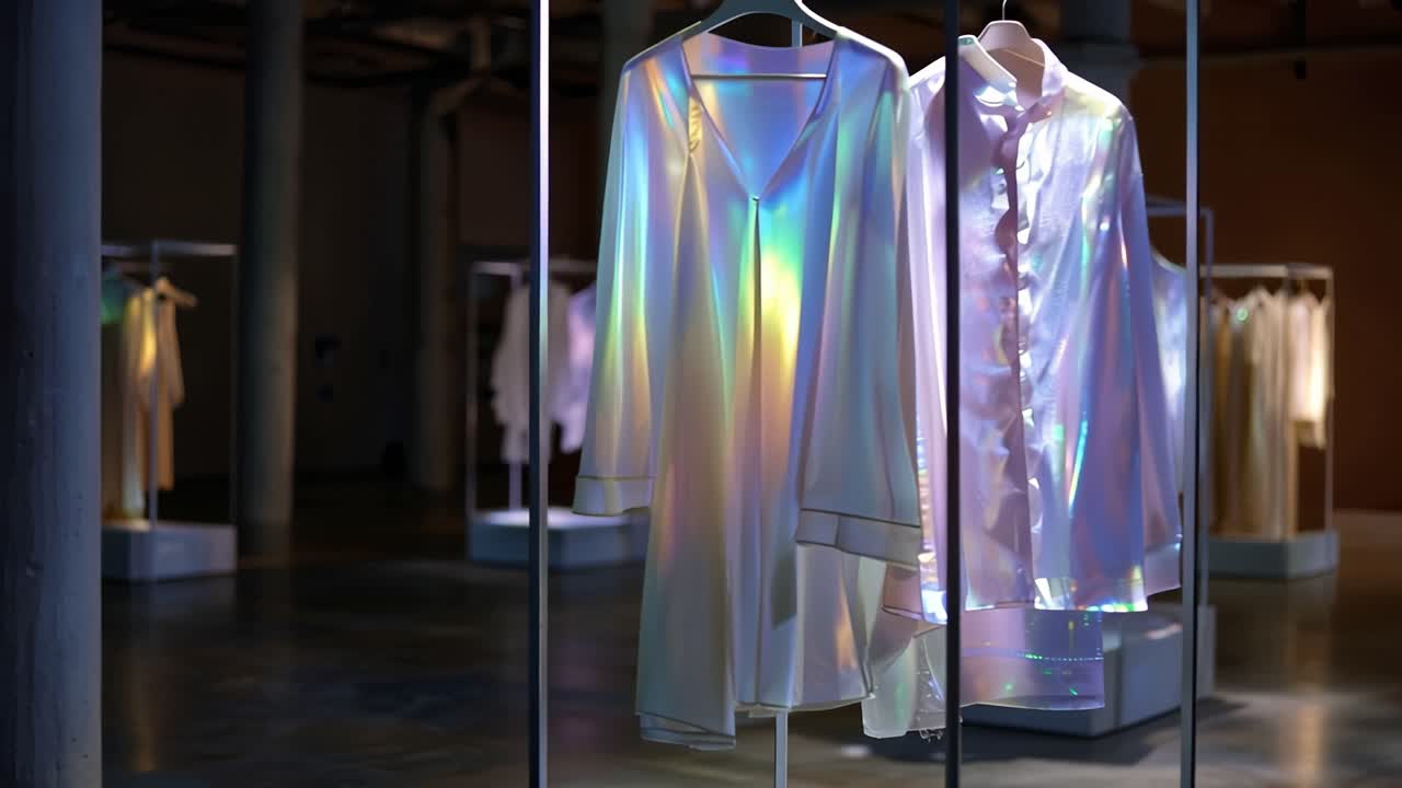 Iridescent garments glow softly under exhibition lights. Glass displays highlight fashion's futuristic elegance. Darkened space enhances garments' ethereal glow