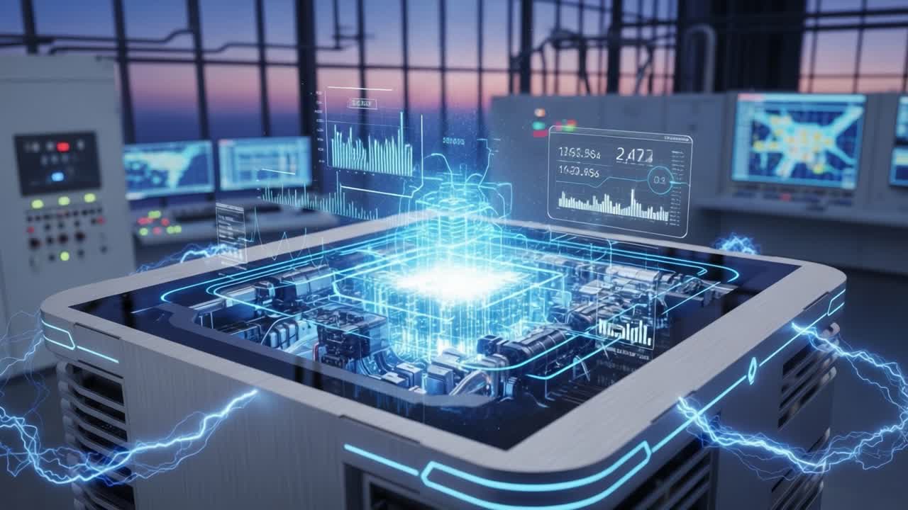 Advanced Digital Technology Displaying a High-Tech Microchip with Visual Data Interactions and Electric Energy in a Modern Control Room Environment