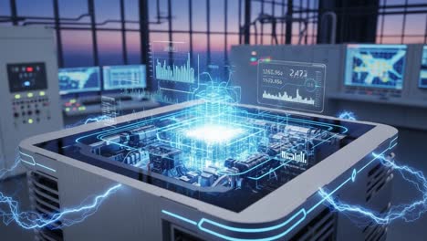 advanced digital technology displaying a high-tech microchip with visual data interactions and electric energy in a modern control room environment
